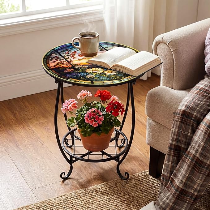 Cinnvoice Outdoor Side Table Round Small Mosaic Patio Accent Indoor End Plant Coffee Tea Table for Yard Patio Porch Garden Living Room, Bedroom(Sunset and Flowers,14 Inch)