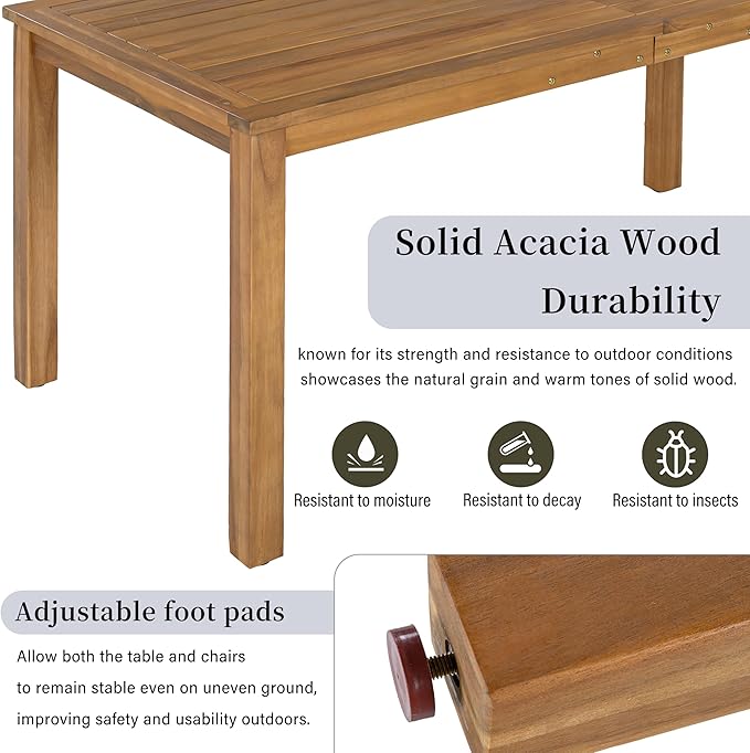 5-Piece Outdoor Patio Dining Set for 4, Solid Acacia Wood Table with Rope Woven Chairs, Farmhouse Style for Garden Backyard Poolside (Brown,Gray)