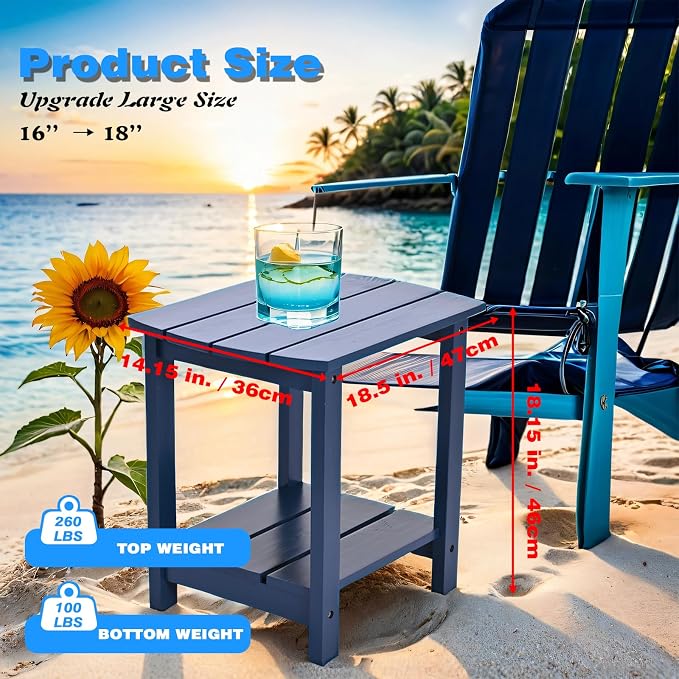 Outdoor Side Table, 2-Tier Small Outdoor Table for Patio, Adirondack Side Tables for Outside or Indoor (Navy Blue, 16 * 12.25 * 16.75)