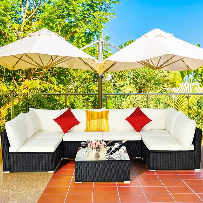 COSTWAY 7 Pieces Patio Furniture Set, Outdoor Rattan Conversation Set with 6 Seats, Coffee Tea Table, Soft Cushions, Wicker Patio Sectional Sofa for Garden Balcony Porch Poolside, Beige