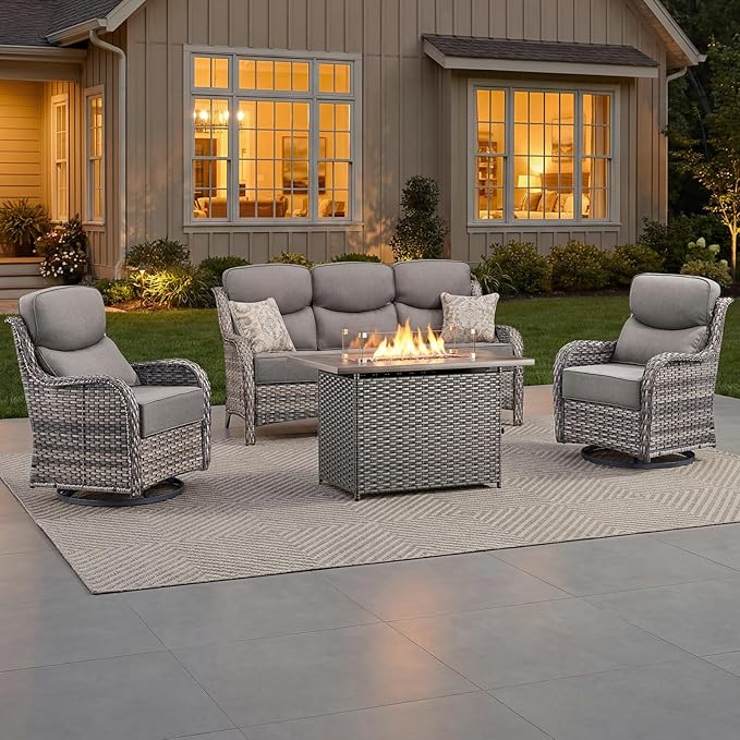 Luxury Patio Furniture Set with 6-inch Thick Cushion, Outdoor Furniture with Fire Pit Table, Swivel Chairs, Sofa, 4pcs Wicker Conversation Set for Deck Yard and Poolside(Grey Wicker/Grey Cushion)