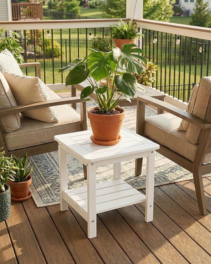 Kibaso-Adirondack Outdoor Side Table, 2-Tier HDPE Outdoor End Table, Weather Resistant Easy Maintenance, Small Patio Side Table for Patio, Pool, Porch, Garden, Lawn, and Living Room (2, White)