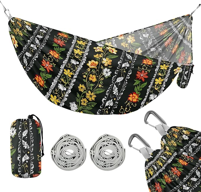 Camping Hammock Outdoor Hammocks for Outside Black Floral Beach Trees Portable Lightweight with Pockets Tree Straps Indoor