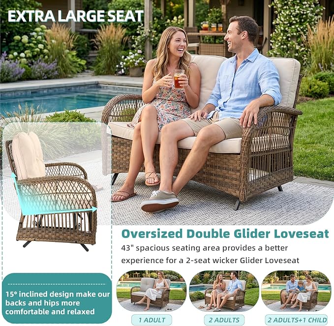 MEETWARM Outdoor Wicker Patio Glider Set, Loveseat for 2 Person Porch Furniture Glider with Glass-Top Coffee Table, Patio Glider Rocking Bench with Thickened Cushions, Brown