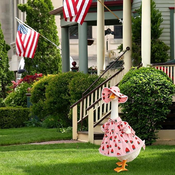 Summer Porch Goose Outfit for 23'' Cement Statue Goose, Strawberry Porch Goose Clothes Skirt Costume for Summer Outdoor Yard Lawn Patio Decor