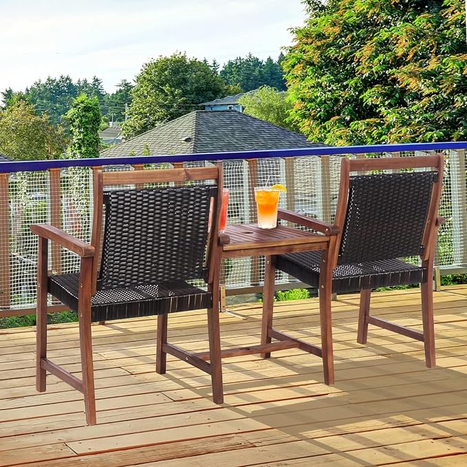 Tangkula Acacia Wood Garden Bench, Patiojoy Rattan Companion Loveseat Chair with Coffee Table and Parasol Hole, 2-Seater Outdoor Conversation Furniture Set for Backyard, Poolside, Balcony (Brown)