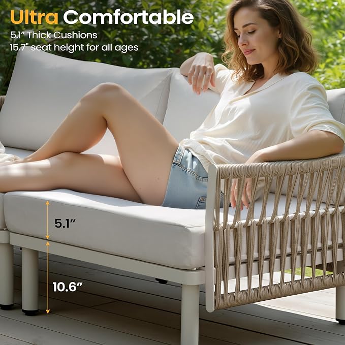 7-Piece Aluminum Modern Outdoor Sectional Sofa with Coffee Table - Weather-Resistant 31" Deep Seating Patio Conversation Set, 5.1" Thick Removable Cushions for Deck, Porch & Backyard, Beige