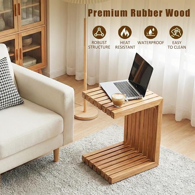 OTSUN Teak Solid Wood C-Shape Sofa Side Table, Pure Simple Form Outdoor Side Table for Patio Sofa Armrest, No Assembly Minimalist Wooden End Table for Porch & Garden