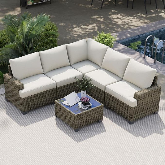 LET'S PATIO Luxury Patio Furniture Set, 6 Piece Outdoor Furniture Set, All-Weather Patio Sectional Sofas with Thickened Cushions, Beige