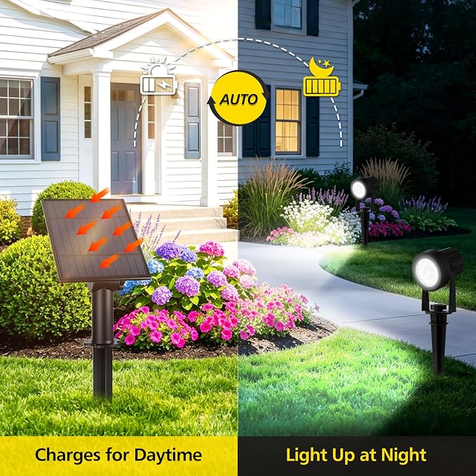 T-SUN Solar Spotlights Outdoor Waterproof, 2-in-1 Solar Landscape Spotlights LED Garden Spot Lights for Yard Tree Garden Pond Pool Area (White)