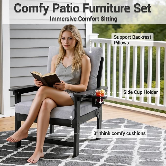 HDPE Outdoor Patio Furniture Set, 7 PCs All Weather Performance Patio Conversation Set w/Back and Seat Cushions, Free Combination Outdoor Furniture for Patio, Lawn, Poolside, Backyard, Black