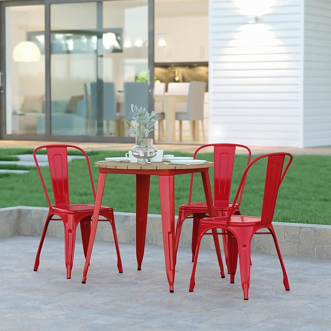 EMMA + OLIVER Drew Dining Table - Brown 30" Round Poly Resin Table Top - Red Steel Base - All-Weather for Indoor/Outdoor Use