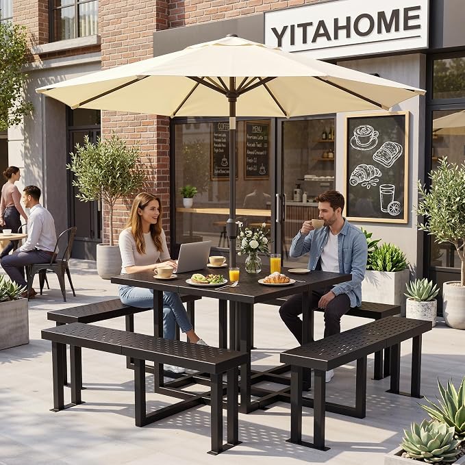 YITAHOME 38" Square Metal Picnic Table with Umbrella Hole, Q235 Carbon Steel Heavy Duty Outdoor Table for 4-8 People, Backyard Patio Set (Black)