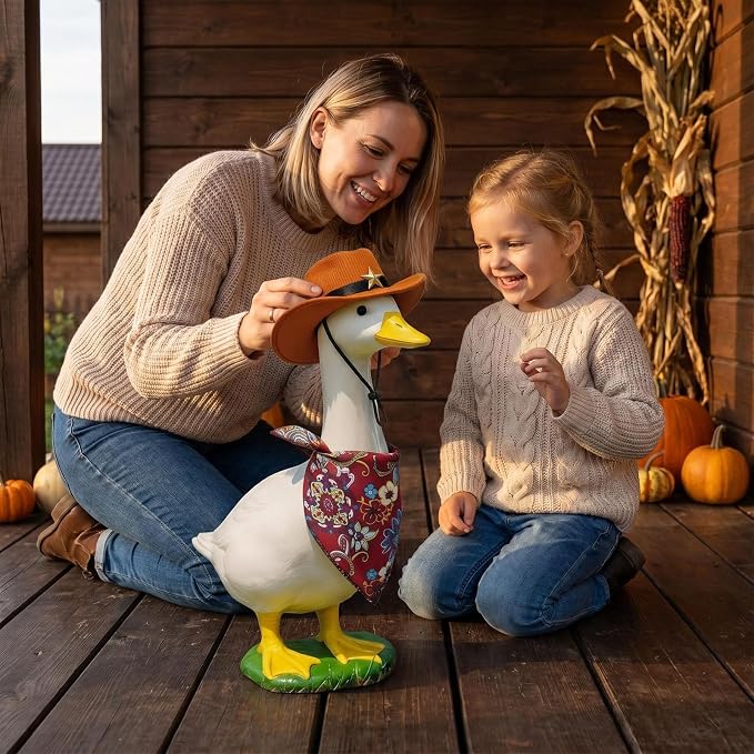 Western Cowboy Porch Goose Outfits – 2PCS Goose Costume Texas Ranger Hat & Bandana for 23 Inch Statue, Outdoor Garden Yard Patio Decor, Cowboy Goose Outfits for Porch Goose