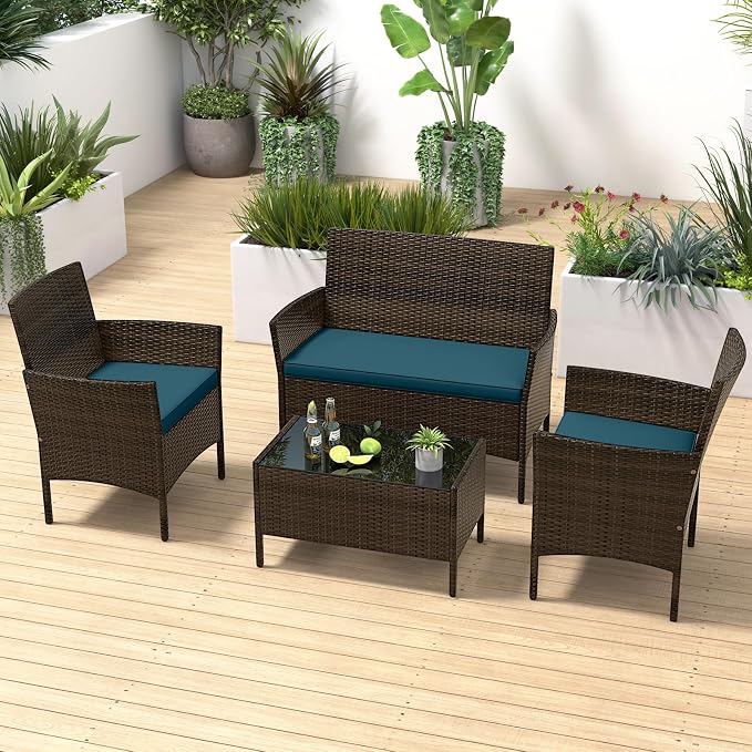 ORALNER 4 Pieces Patio Furniture Set, Rattan Chairs Loveseat with Soft Cushion and Glass Table, Outdoor Wicker Conversation Set for Balcony Garden Backyard Porch Poolside (Peacock Blue)