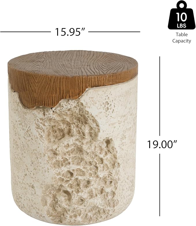 Elsie Outdoor Patio MGO Round Side Table, Rustic Accent End Table with Wood Grain Top and Textured Beige Base, Organic Modern Stand for Balcony Living Room Bedroom Garden