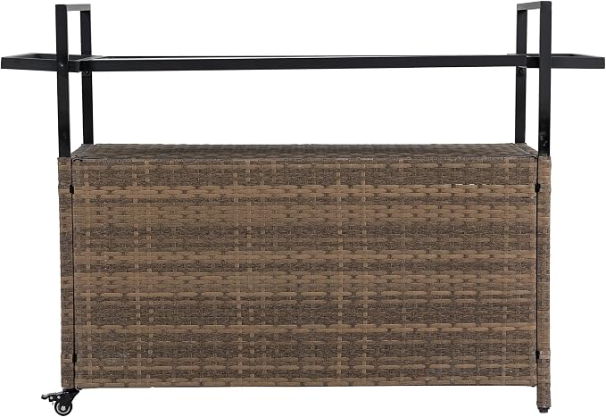 Outdoor Kitchen Island Wicker Rattan Bar Table, Glass Top Patio Serving Cart Rolling Bar Cart with 2-Tier Shelf & Cabinet for Patio Poolside Party (Light Brown)
