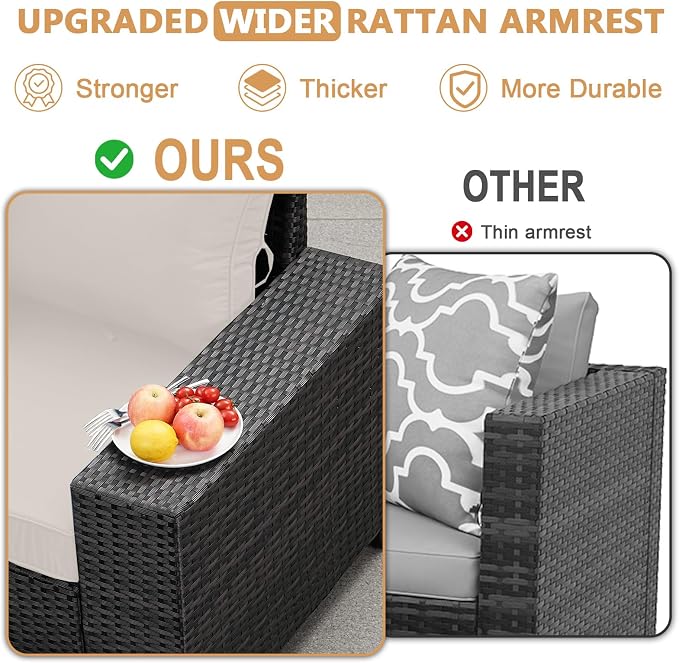 JOYURE 5 Pieces Patio Furniture Set, Outdoor Sofa with Waterproof Cushions&Ottoman, Rattan L Shaped Patio Couch & Coffee Table, Modern Outdoor Furniture for Backyard, Deck, Balcony – Beige