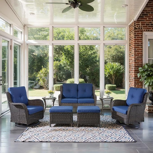 Belord 7 Piece Wicker Patio Furniture Set, Outdoor Swivel Rocker Chairs Set of 2 with Ottomans and Loveseat, All Weather Patio Conversation Furniture Set, for Pool,Yard,SunroomBrown Wicker/Blue