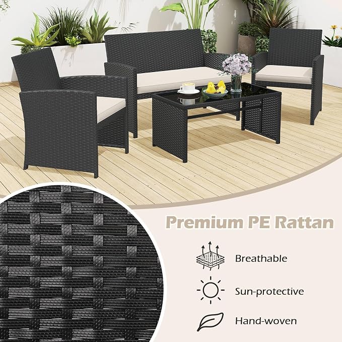 RELAX4LIFE 8-Piece Patio Furniture Set - Wicker Rattan Outdoor Sectional Sofa Set w/Glass Coffee Table, Loveseat, Chairs & Soft Cushions, Bistro Conversation for Garden Porch (2, Black-White)