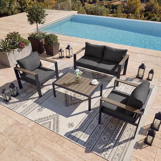 Outdoor Patio Furniture Set 4 Seats Luxury Aluminum Patio Conversation Set with Coffee Table, Washable Thick Cushions, Large Sectional Sofa for Porch, Balcony, Deck, Yard, Dark Gray