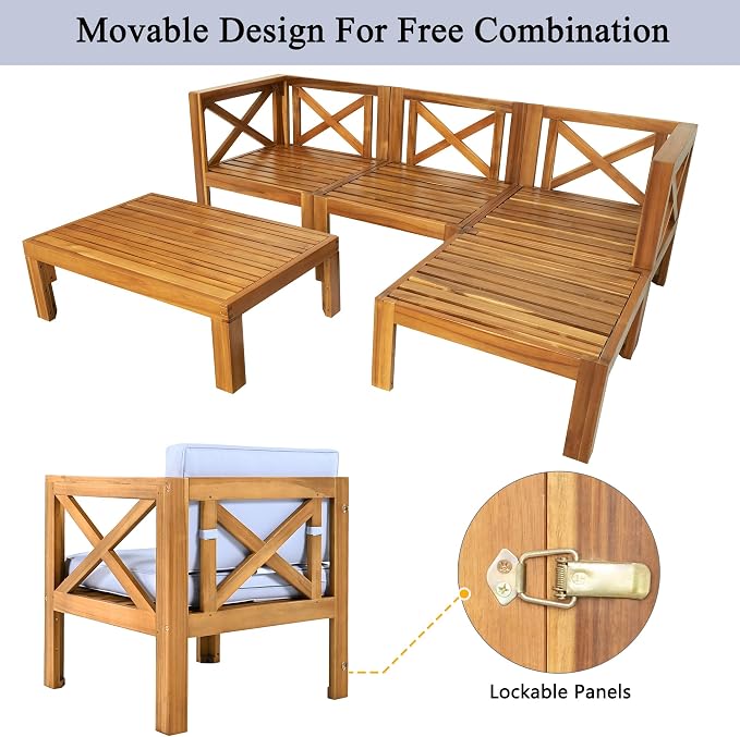 JIVOIT 5-Piece Outdoor Backyard Patio Set, Acacia Wood Sectional Sofa Seating Group Set with Tea Table and Cushions, Conversation Furniture Set for Garden Backyard Poolside