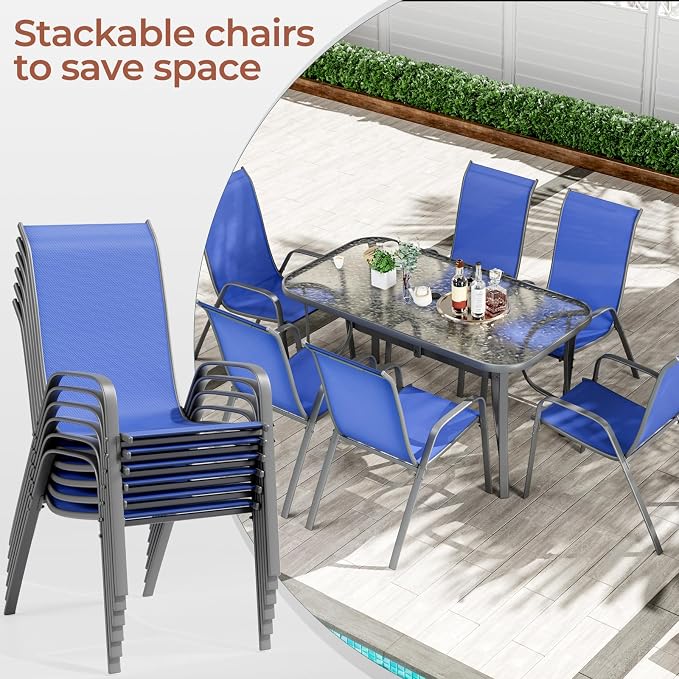 TLSUNNY 7 Pieces Patio Dining Set, Outdoor Table and Chairs W/1.69″ Umbrella Hole, 30"X 55" Table and Stackable Textilene Chair, All Weather Patio Furniture Set (Umbrella not Included) (Navy Blue)