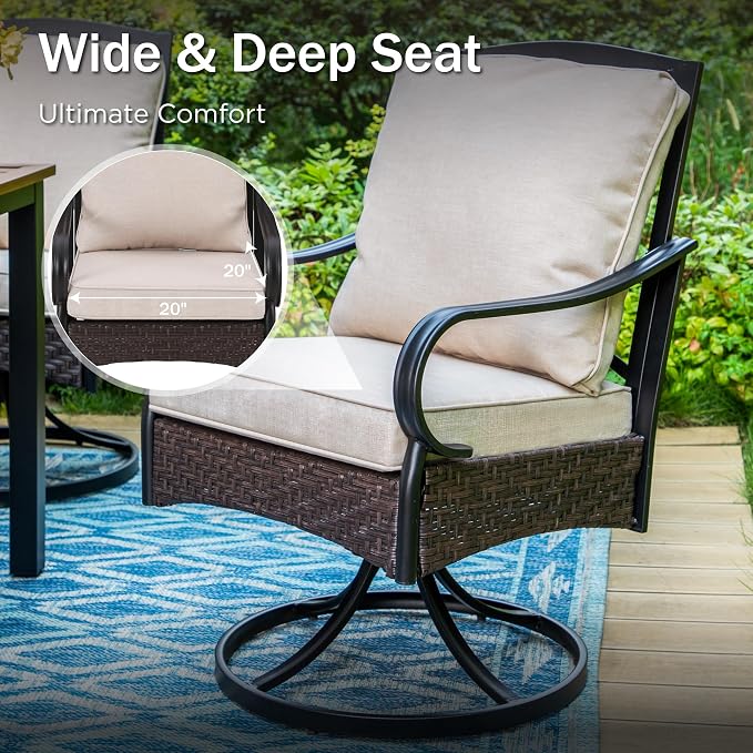 PHI VILLA Swivel Patio Dining Chairs Wicker Chairs Set of 2 with Cushions | Heavy Duty Outdoor Metal Wicker Dining Chair with Padded Cushions, Large All Weather Wrought Iron Patio Chair for Balcony
