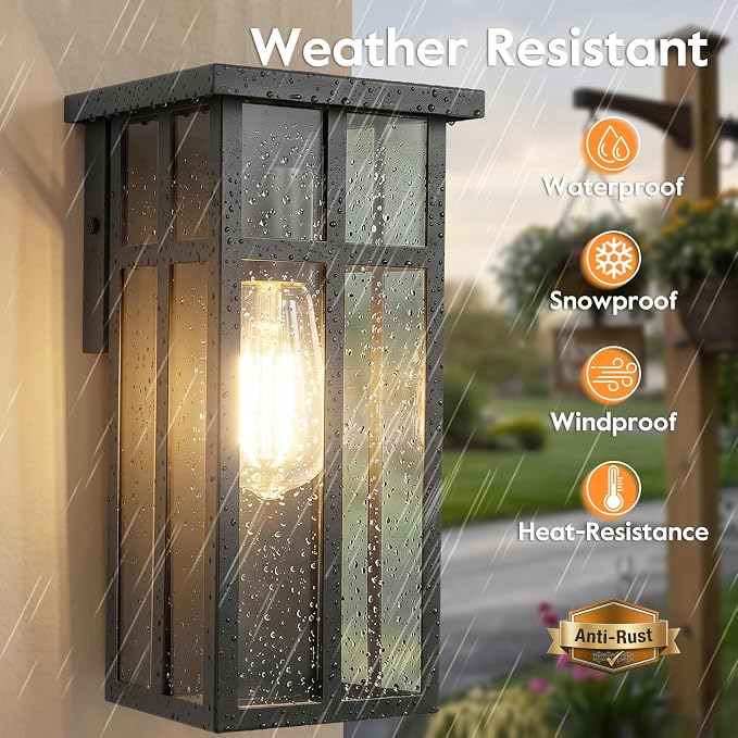 Outdoor Wall Light Fixtures, Modern Black Porch Wall Lights | Waterproof Construction & Durable Metal, Rust-Resistant, Quick & Easy Installation, Clear Glass Shades & Standard E26 Socket