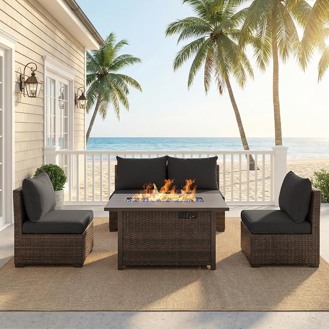 5 Pieces Patio Furniture Set with Fire Pit Table, Outdoor PE Rattan Sectional Sofa with Soft Cushions for Backyard, Porch, and Poolside (Black, 5 PCS w/Firepit)
