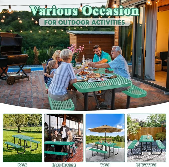 Heavy Duty Picnic Table with Umbrella Hole, Expanded Meta Outdoor Metal Patio Dining Table & Outdoor Bench Set, Steel Mesh Dining Furniture for Garden, Lawn, Patio (4FT Rectangular Table/ Green)