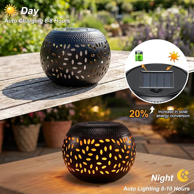 Solar Table Lights Outdoor Waterproof Flickering Flame Solar Lantern | Solar Lantern Decorative Metal Desktop Lamp for Gifts for Women Outside Garden Yard Patio & Indoor Tabletop Decor