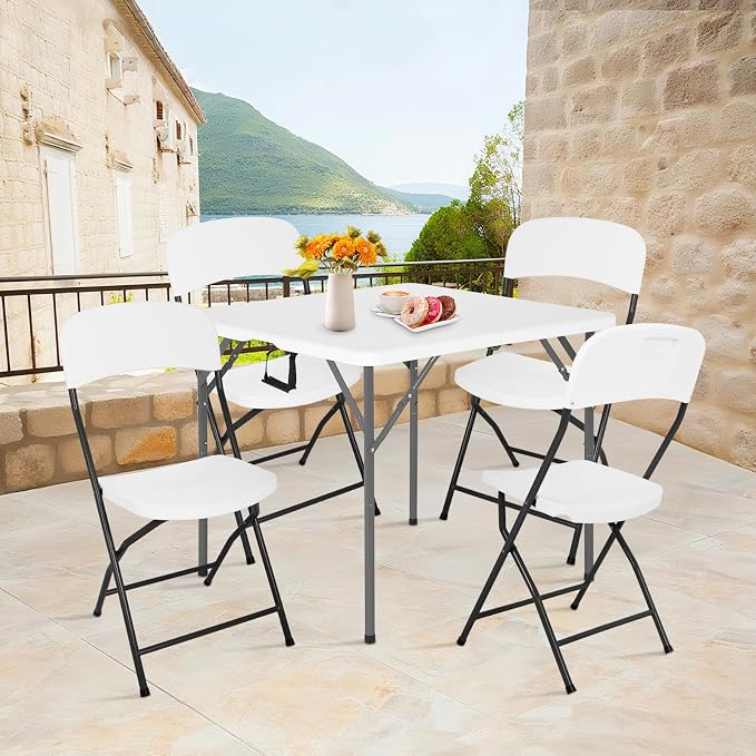 34" Folding Card Table and Chairs, Outdoor Folding Chairs Set of 4, Folding Table with Handle for Parties, Picnic, Event, Indoor Outdoor Activities, at Home and Commercial Use, White