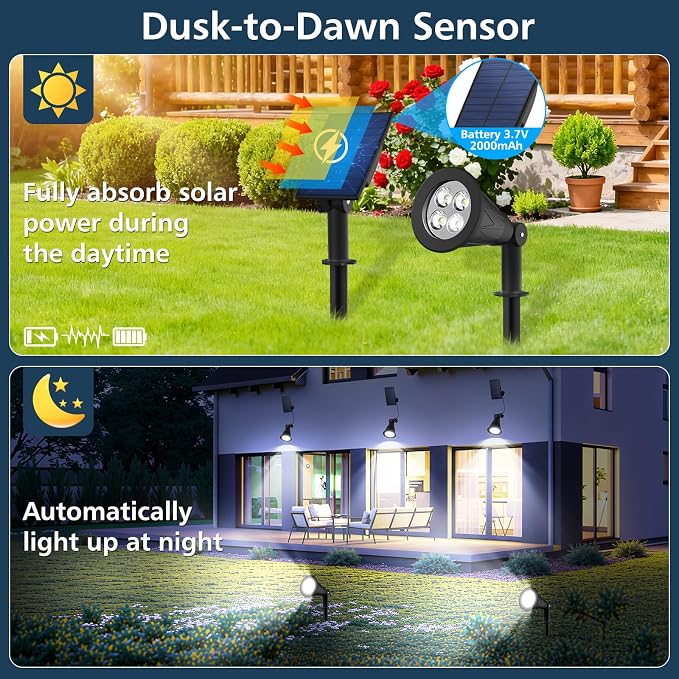 T-SUNUS Christmas Solar Powered LED Spot Light White 6000K, Separated Panel with 9.8ft Cable IP65 Waterproof Spotlights Outdoor Landscape Garden Lights for Flag Patio Yard Driveway Halloween 2 Pack