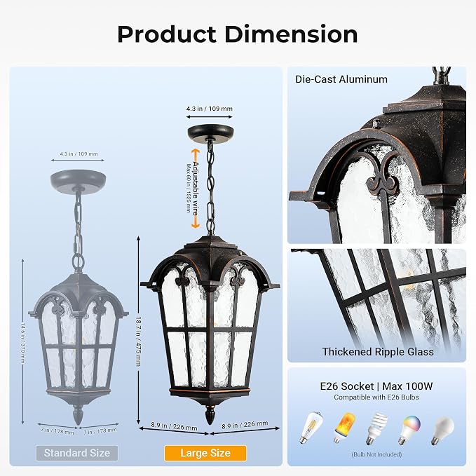 VIANIS 18.7" Large Outdoor Pendant Light, Vintage ORB Outside Chandelier with Ripple Glass, Anti-Rust Pendant Lights for Porch, Doorway, Entryway, Adjustable Length Hanging Lighting, Hardwired