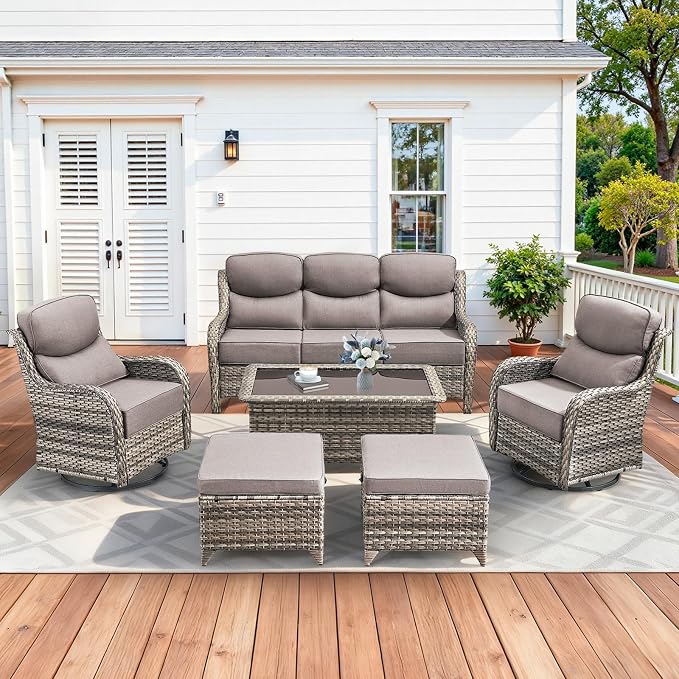 Luxury High Back Patio Furniture Set with 6-Inch Thick Cushions, 6-Pieces Outdoor Furniture with Swivel Chairs, Wicker Conversation Set for Porch, Balcony, Deck and Yard, Grey