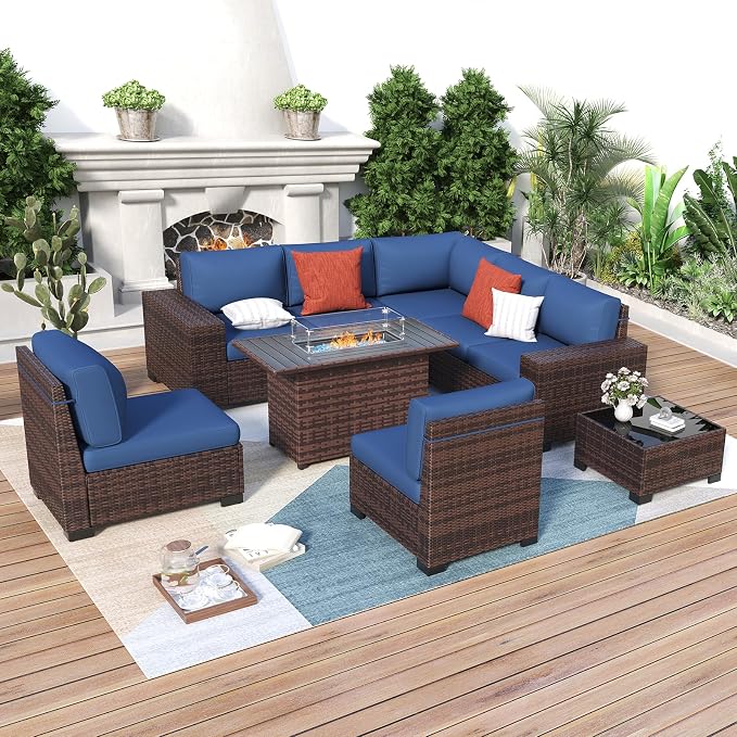 Patio Furniture with Fire Pit Table,8‘’ Wide armrest Outdoor Sectional Rattan Sofa Set, Wicker Patio Furniture Sets w/Coffee Table,Thick Cushions and Cover for Porch,Deck, 9PC(Brown&Navy)