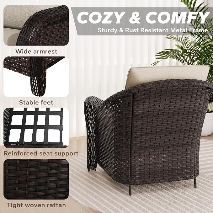 3 Pieces Outdoor Patio Conversation Set, 78" Couch, 2 Chairs, Rattan Wicker Conversation Furniture with Removable Cushions for Bistro, Deck (Beige)