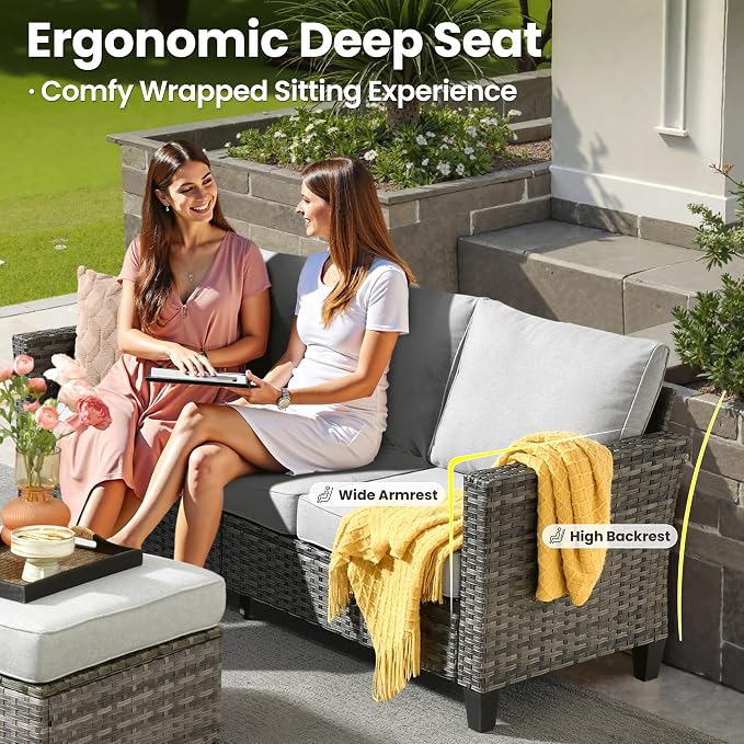 ovios 6 Pieces Patio Furniture Set, Outdoor Wicker Rattan Sofa Couch with Glass Table, Chairs, Comfy Cushions, Conversation Sets for Porch Deck Garden, Grey