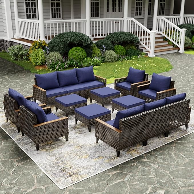 14 Piece Patio Furniture Set, All-Weather Wicker Rattan Outdoor Sectional Sofa Set with High Back and Thick Cushions, Large Conversation Set for Garden, Porch, Poolside, Blue