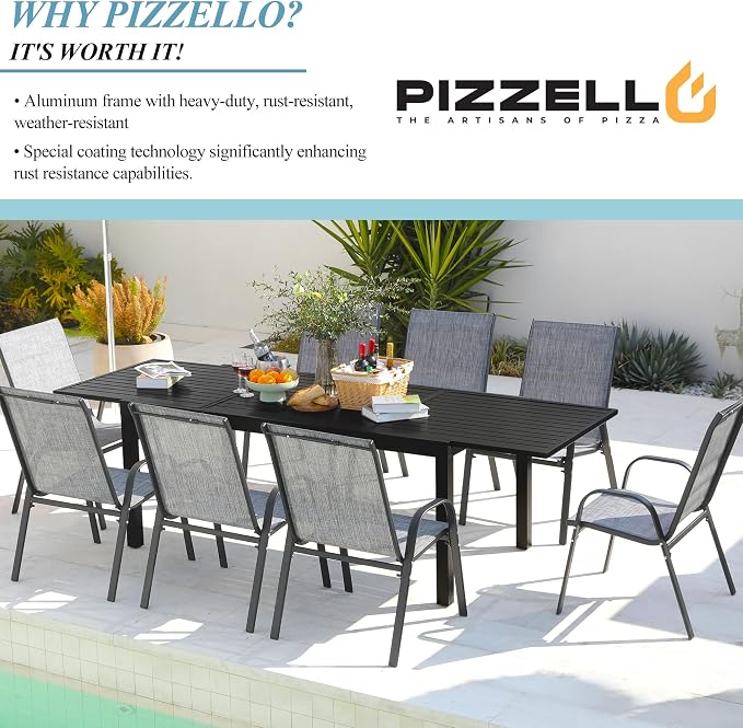 PIZZELLO Outdoor Expandable Dining Table 71"-106" Aluminum Patio Dinner Table for 8-10 Person, Rectangular Metal Collapsible Tables w/Umbrella Hole, Patio Table w/Extendable Top for Garden, Backyard