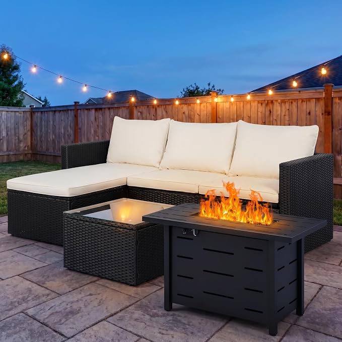 SUNLEI 4-Piece Patio Furniture Set with 43" Propane Fire Pit Table, Outdoor Wicker Sectional Sofa Set, All-Weather Conversation Set for Backyard, Poolside, Garden, Beige Cushions