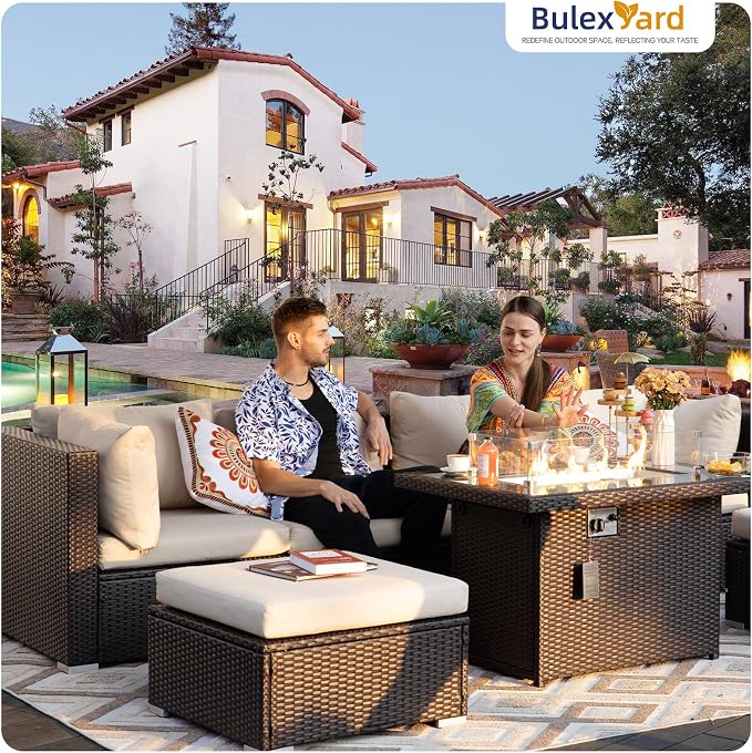 BULEXYARD 7 Pcs High Back Patio Furniture Set with Fire Pit Table Propane/Natural Gas Dual Fuel, All-Weather Outdoor Sectional Couch, Comfy Backyard Seating for Exterior, Brown Wicker & Beige Cushion