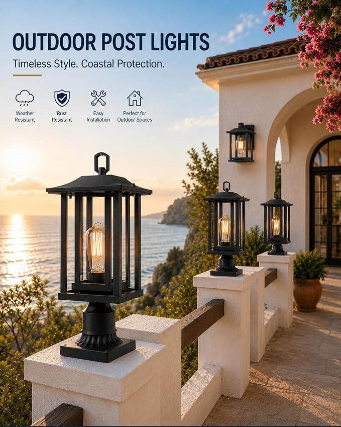 Beionxii Outdoor Post Lights, Large Exterior Lamp Post Light Fixture with Pier Mount Base, Black Cast Aluminum w/Clear Glass (19" x 9") - A197P-2PK (NOT Solar, 110-120V AC)