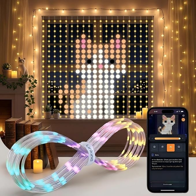 Linkind Smart Curtain Lights - APP Control, AI Pattern GIF Display, Works with Alexa Google Home, 400 LEDs Color Changing Lights Outdoor Indoor Fourth of July American Flag Lights, 4.9×4.5ft