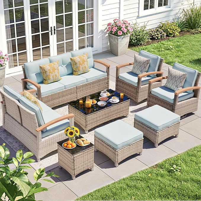 MEISSALIVVE 8 Pieces Patio Furniture Sets,Wicker Patio Conversation Sets with 2 Wood Armrests Swivel Glide Chairs, Outdoor Couch, Loveseat for Deck Yard and Poolside (Blue)