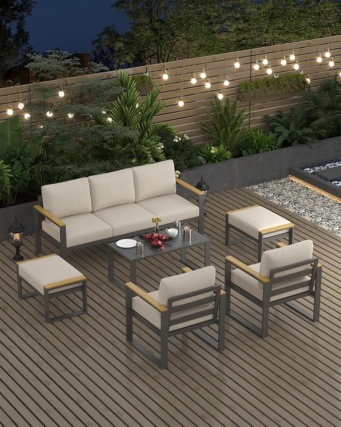 Garvee Aluminum Outdoor Patio Furniture Set with Coffee Table | 5 Piece Patio Conversation Sets with Washable Thick Cushions, Outdoor Sectional Furniture Set for Porch, Balcony, Deck, Yard,