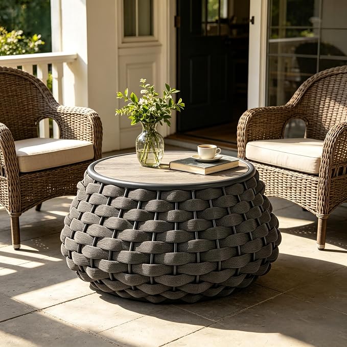 YDcosyfy Large Round Outdoor Side Table, 28 Inches Patio End Table with Removable Wood Top, Outside Coffee Table, All-Weather Metal Frame, Hollow Out Bottom Storage, for Balcony, Porch, Garden, Gray