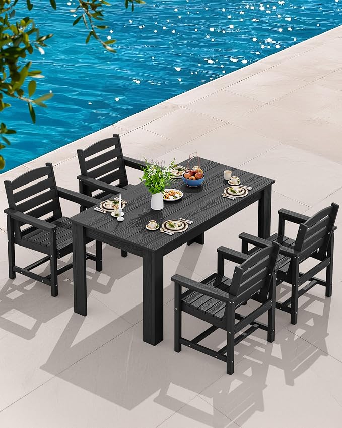 SERWALL Outdoor Dining Set for 8, w/ 2 Tables & 8 Armchairs, Black | All Weather Resistant HDPE Dining Sets for Patio, Garden, Backyard