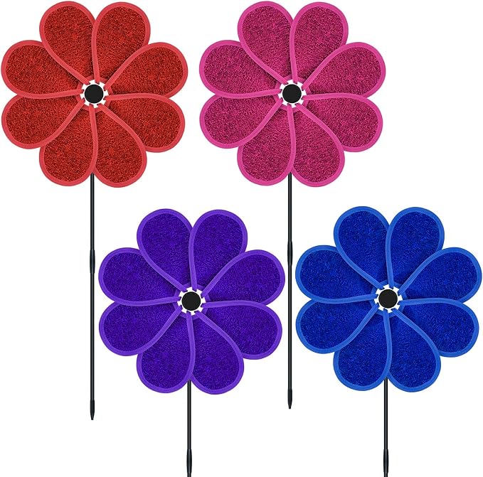 4PCS 11.4" W x 28" H Reflective Pinwheels Sparkly Lawn Wind Spinners Colorful Rainbow Windmill for Garden Decoration Bird Devices Deterrent to Scare Birds Away (Multicolor-2 Four Colors)